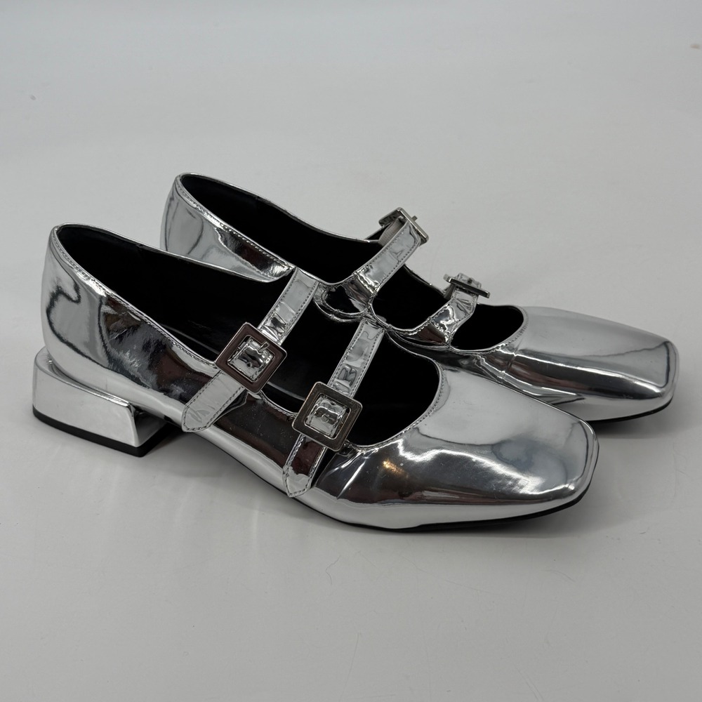 GB Silver‎ Metallic Double Strap Mary Jane Square Toe Block Heel Shoes Size 11